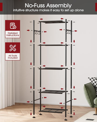 5-Tier Storage Rack Organizer with Hooks, Heavy Duty Metal Garage Rack with Leveling Feet, Freestanding Utility Rack for Bedroom, Balcony and Garage, 18.1"×12.4"×56.8", Black