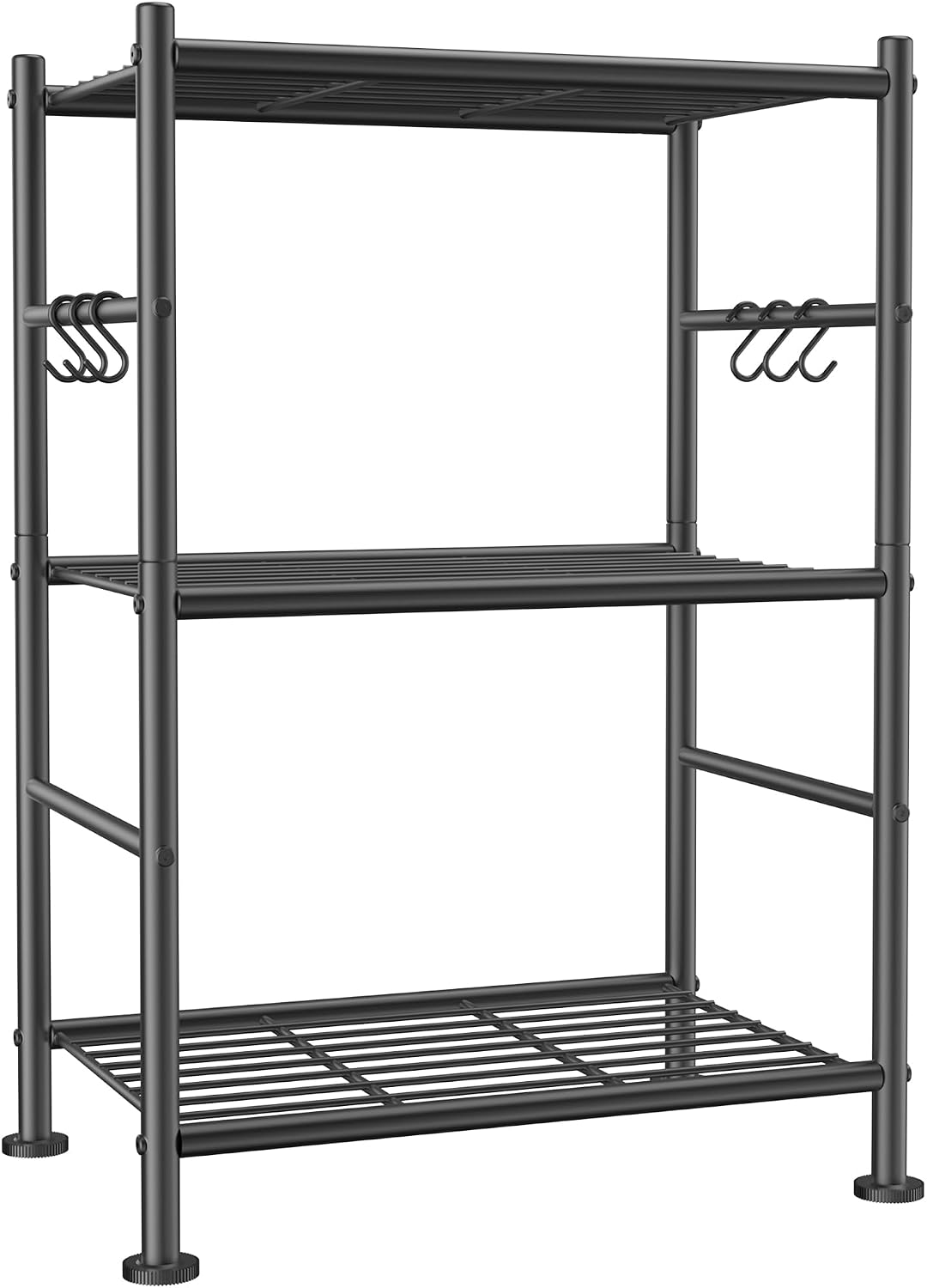 5-Tier Storage Rack Organizer with Hooks, Heavy Duty Metal Garage Rack with Leveling Feet, Freestanding Utility Rack for Bedroom, Balcony and Garage, 18.1"×12.4"×56.8", Black