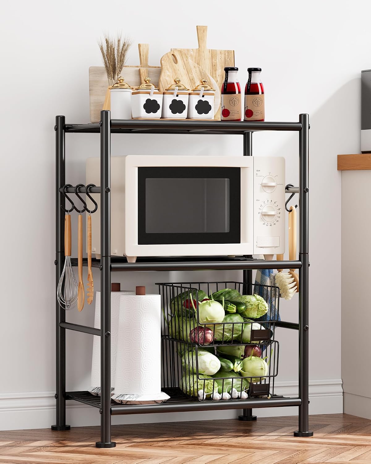 5-Tier Storage Rack Organizer with Hooks, Heavy Duty Metal Garage Rack with Leveling Feet, Freestanding Utility Rack for Bedroom, Balcony and Garage, 18.1"×12.4"×56.8", Black