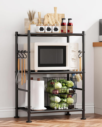 5-Tier Storage Rack Organizer with Hooks, Heavy Duty Metal Garage Rack with Leveling Feet, Freestanding Utility Rack for Bedroom, Balcony and Garage, 18.1"×12.4"×56.8", Black