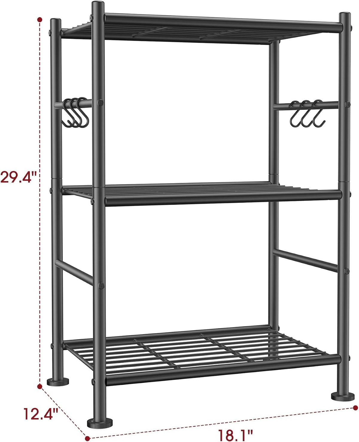 5-Tier Storage Rack Organizer with Hooks, Heavy Duty Metal Garage Rack with Leveling Feet, Freestanding Utility Rack for Bedroom, Balcony and Garage, 18.1"×12.4"×56.8", Black