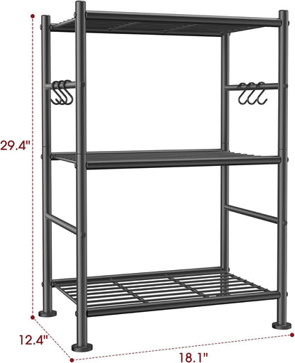 5-Tier Storage Rack Organizer with Hooks, Heavy Duty Metal Garage Rack with Leveling Feet, Freestanding Utility Rack for Bedroom, Balcony and Garage, 18.1"×12.4"×56.8", Black