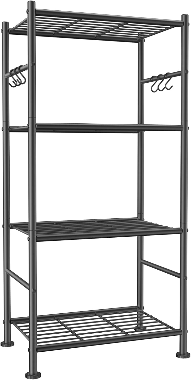 5-Tier Storage Rack Organizer with Hooks, Heavy Duty Metal Garage Rack with Leveling Feet, Freestanding Utility Rack for Bedroom, Balcony and Garage, 18.1"×12.4"×56.8", Black