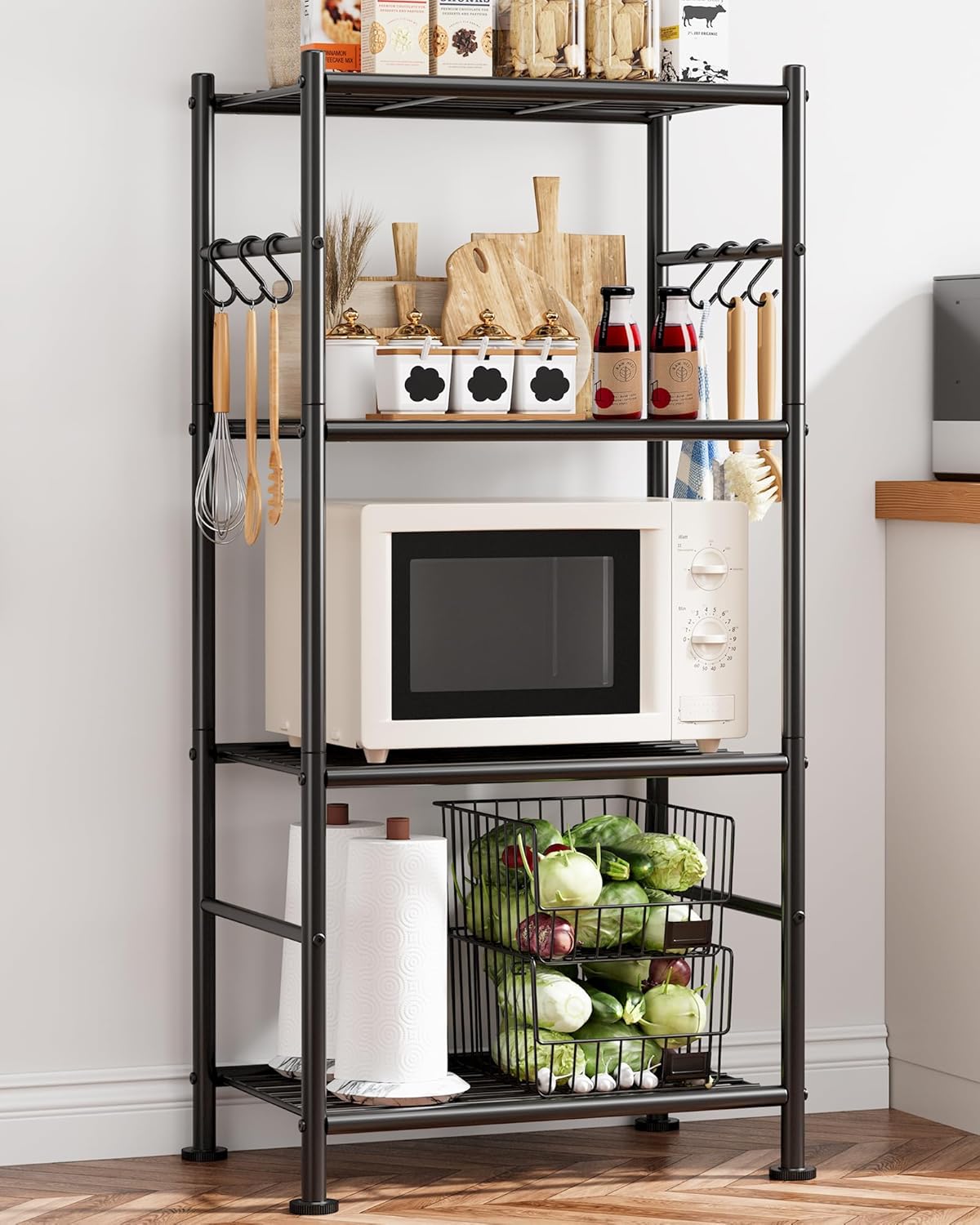 5-Tier Storage Rack Organizer with Hooks, Heavy Duty Metal Garage Rack with Leveling Feet, Freestanding Utility Rack for Bedroom, Balcony and Garage, 18.1"×12.4"×56.8", Black