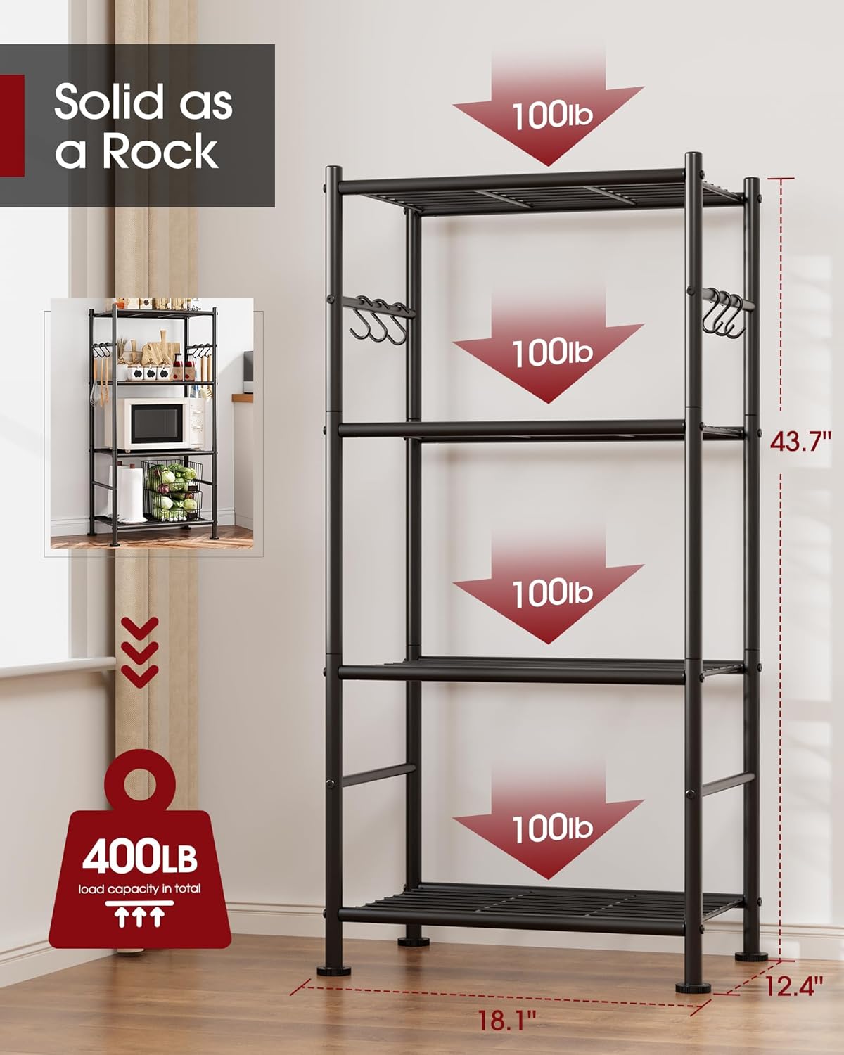 5-Tier Storage Rack Organizer with Hooks, Heavy Duty Metal Garage Rack with Leveling Feet, Freestanding Utility Rack for Bedroom, Balcony and Garage, 18.1"×12.4"×56.8", Black