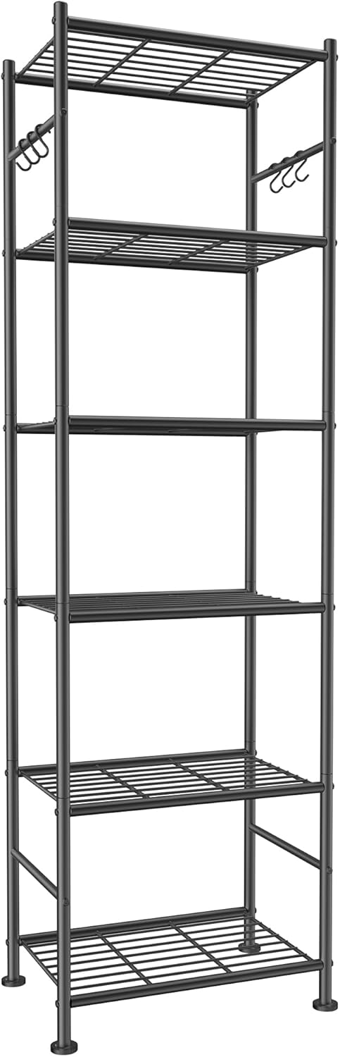 5-Tier Storage Rack Organizer with Hooks, Heavy Duty Metal Garage Rack with Leveling Feet, Freestanding Utility Rack for Bedroom, Balcony and Garage, 18.1"×12.4"×56.8", Black
