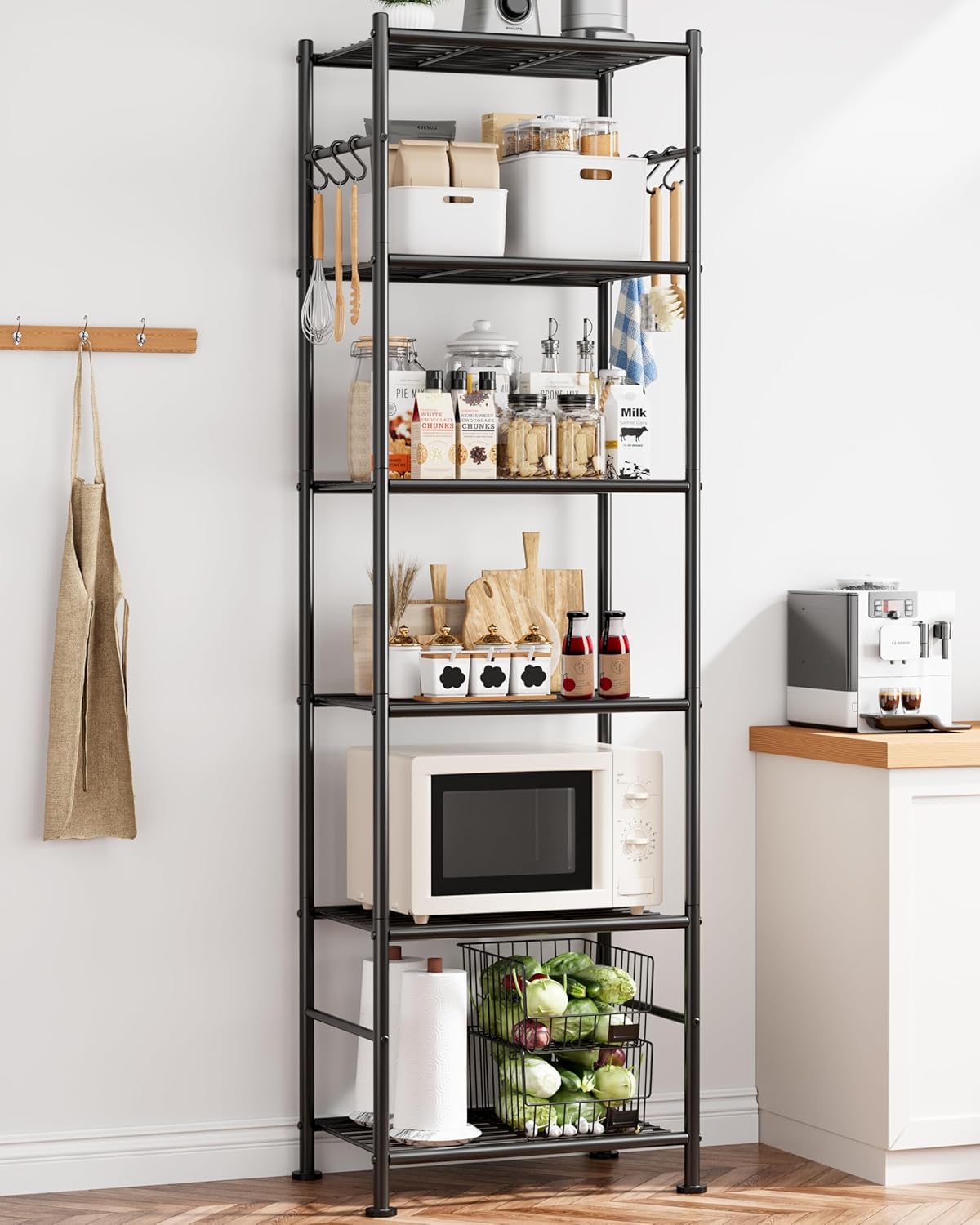 5-Tier Storage Rack Organizer with Hooks, Heavy Duty Metal Garage Rack with Leveling Feet, Freestanding Utility Rack for Bedroom, Balcony and Garage, 18.1"×12.4"×56.8", Black