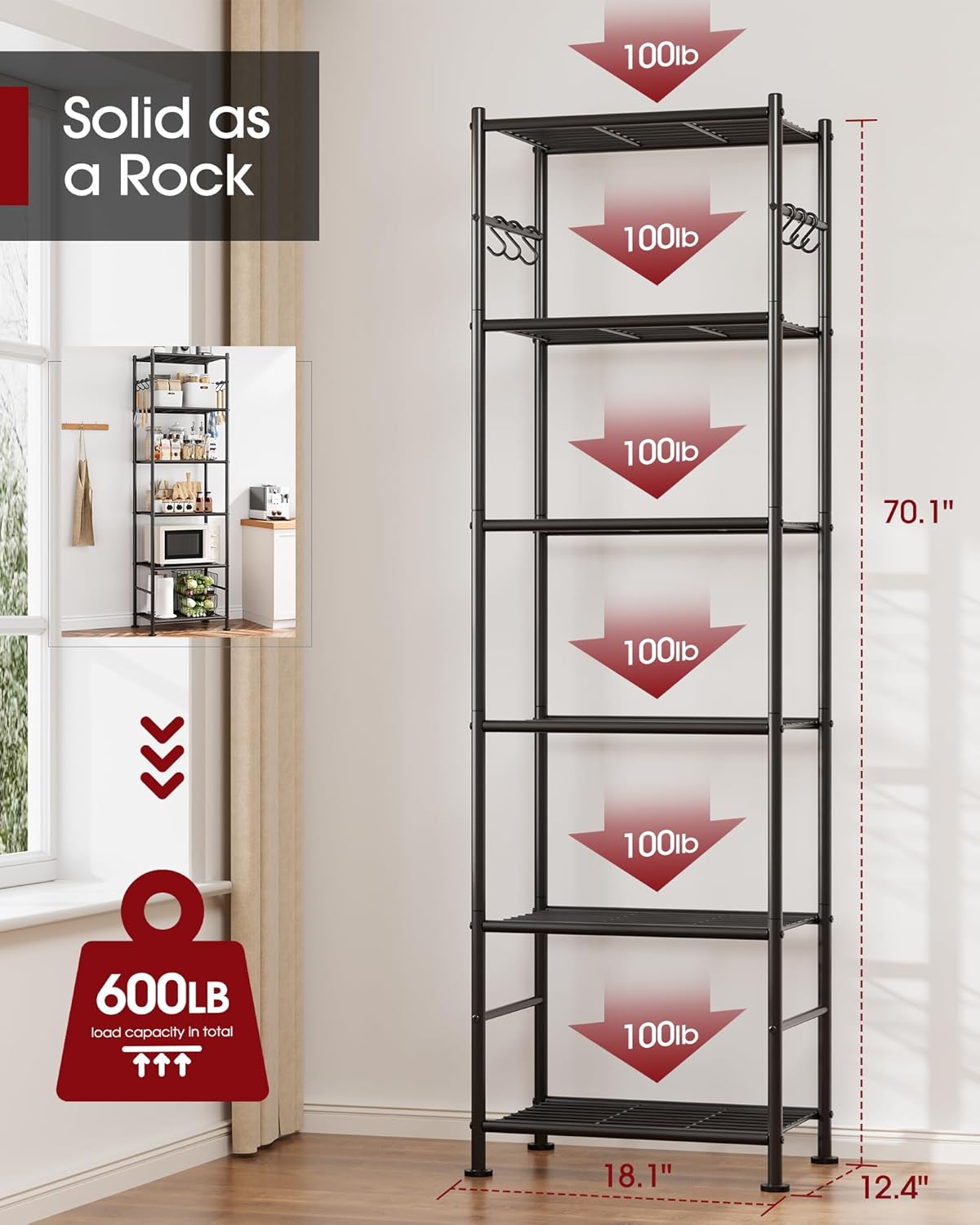5-Tier Storage Rack Organizer with Hooks, Heavy Duty Metal Garage Rack with Leveling Feet, Freestanding Utility Rack for Bedroom, Balcony and Garage, 18.1"×12.4"×56.8", Black