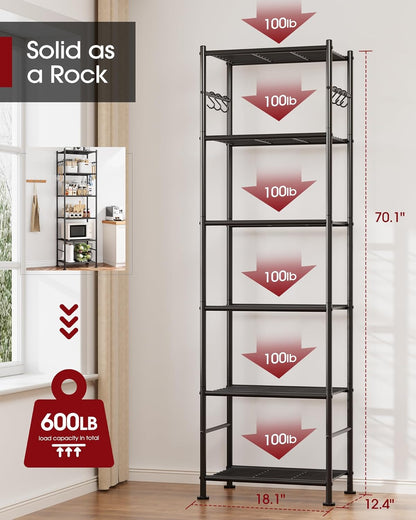 5-Tier Storage Rack Organizer with Hooks, Heavy Duty Metal Garage Rack with Leveling Feet, Freestanding Utility Rack for Bedroom, Balcony and Garage, 18.1"×12.4"×56.8", Black