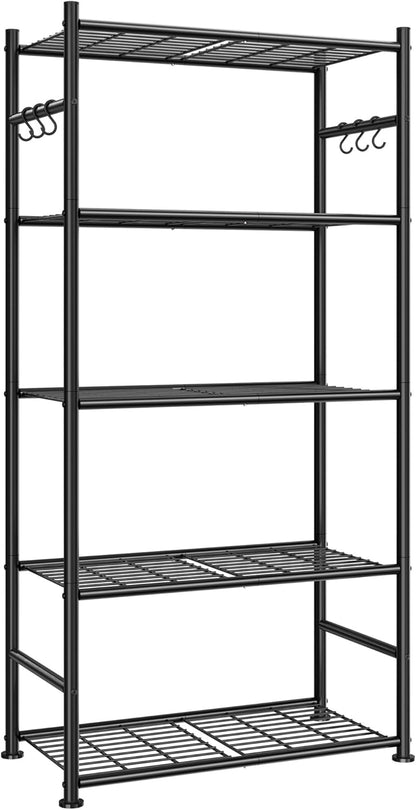 5-Tier Storage Rack Organizer with Hooks, Heavy Duty Metal Garage Rack with Leveling Feet, Freestanding Utility Rack for Bedroom, Balcony and Garage, 18.1"×12.4"×56.8", Black
