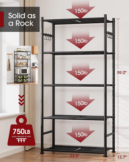 5-Tier Storage Rack Organizer with Hooks, Heavy Duty Metal Garage Rack with Leveling Feet, Freestanding Utility Rack for Bedroom, Balcony and Garage, 18.1"×12.4"×56.8", Black