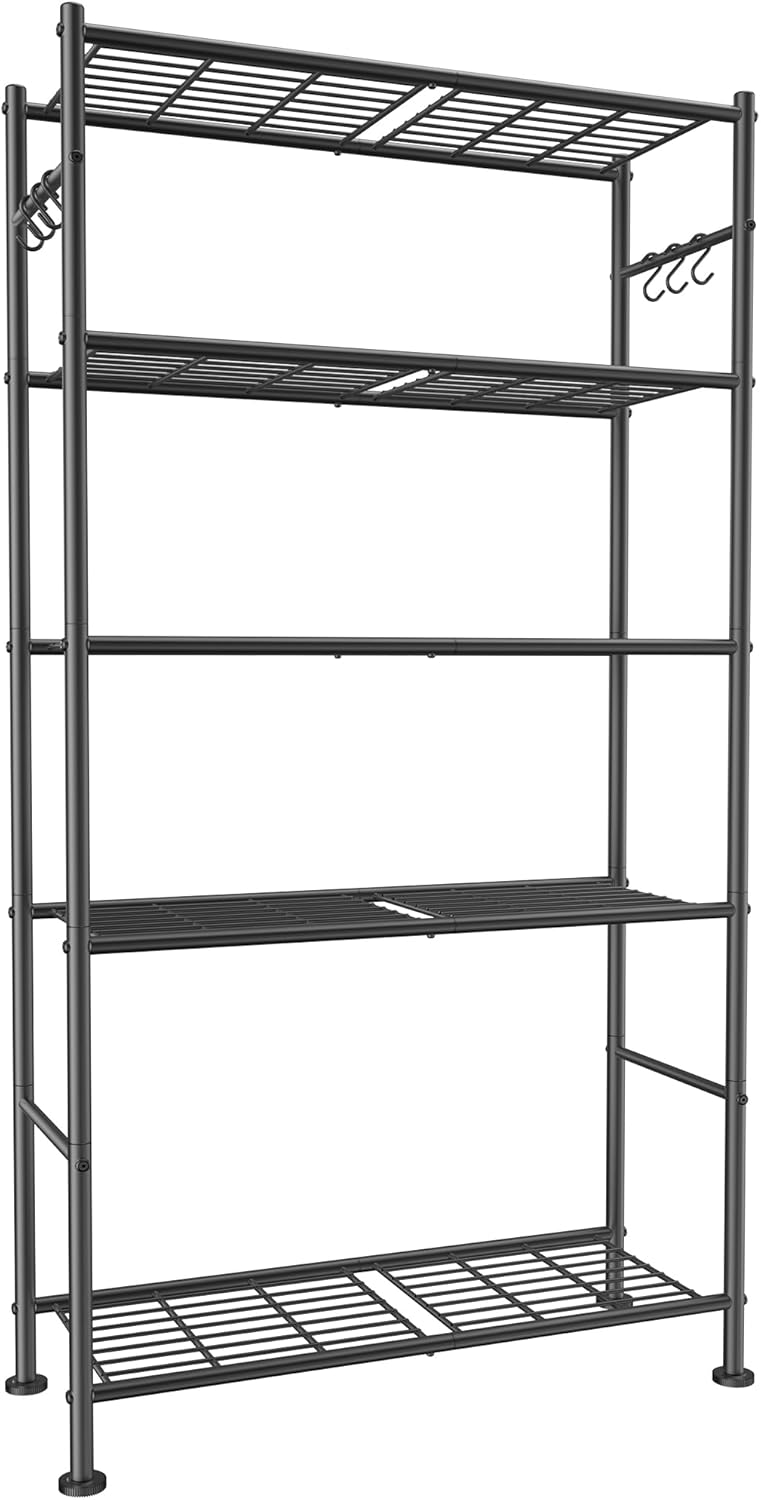 5-Tier Storage Rack Organizer with Hooks, Heavy Duty Metal Garage Rack with Leveling Feet, Freestanding Utility Rack for Bedroom, Balcony and Garage, 18.1"×12.4"×56.8", Black