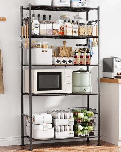 5-Tier Storage Rack Organizer with Hooks, Heavy Duty Metal Garage Rack with Leveling Feet, Freestanding Utility Rack for Bedroom, Balcony and Garage, 18.1"×12.4"×56.8", Black