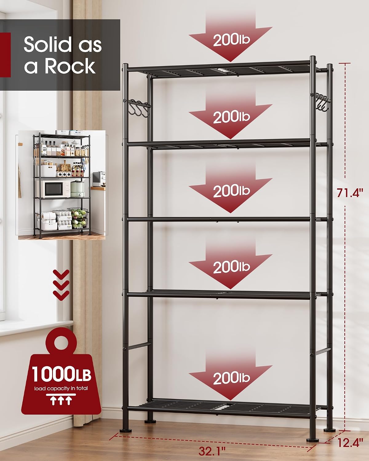 5-Tier Storage Rack Organizer with Hooks, Heavy Duty Metal Garage Rack with Leveling Feet, Freestanding Utility Rack for Bedroom, Balcony and Garage, 18.1"×12.4"×56.8", Black