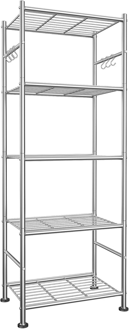 5-Tier Storage Rack Organizer with Hooks, Heavy Duty Metal Garage Rack with Leveling Feet, Freestanding Utility Rack for Bedroom, Balcony and Garage, 18.1"×12.4"×56.8", Black