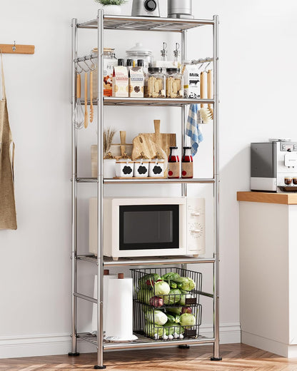 5-Tier Storage Rack Organizer with Hooks, Heavy Duty Metal Garage Rack with Leveling Feet, Freestanding Utility Rack for Bedroom, Balcony and Garage, 18.1"×12.4"×56.8", Black