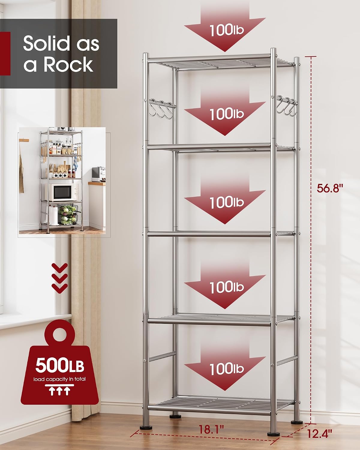 5-Tier Storage Rack Organizer with Hooks, Heavy Duty Metal Garage Rack with Leveling Feet, Freestanding Utility Rack for Bedroom, Balcony and Garage, 18.1"×12.4"×56.8", Black