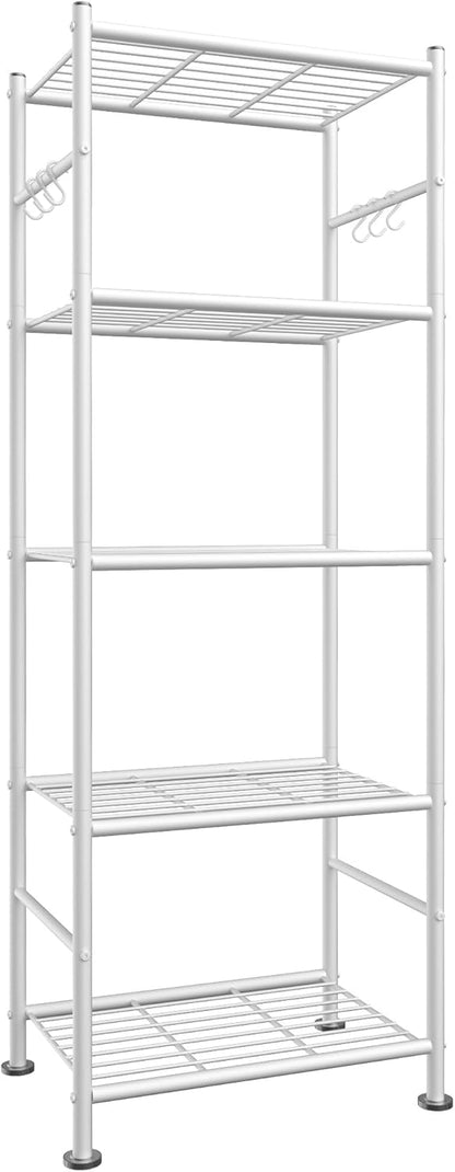 5-Tier Storage Rack Organizer with Hooks, Heavy Duty Metal Garage Rack with Leveling Feet, Freestanding Utility Rack for Bedroom, Balcony and Garage, 18.1"×12.4"×56.8", Black