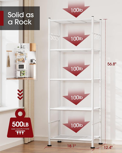5-Tier Storage Rack Organizer with Hooks, Heavy Duty Metal Garage Rack with Leveling Feet, Freestanding Utility Rack for Bedroom, Balcony and Garage, 18.1"×12.4"×56.8", Black