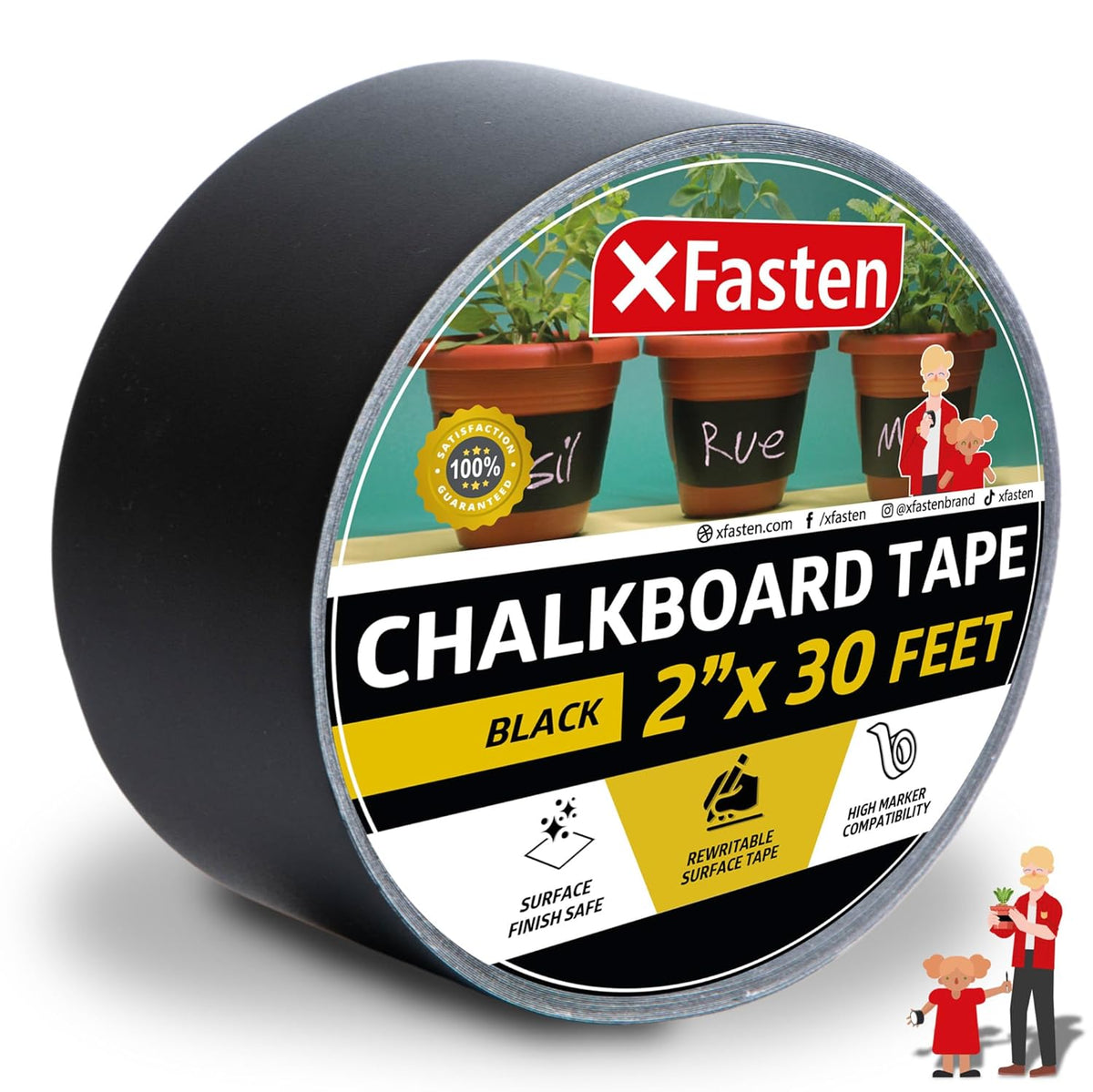 Black Chalkboard Tape Removable, 2-Inch x 30-Foot, Black, Smudge Resistant Sticky Chalkboard Label Duct Tape