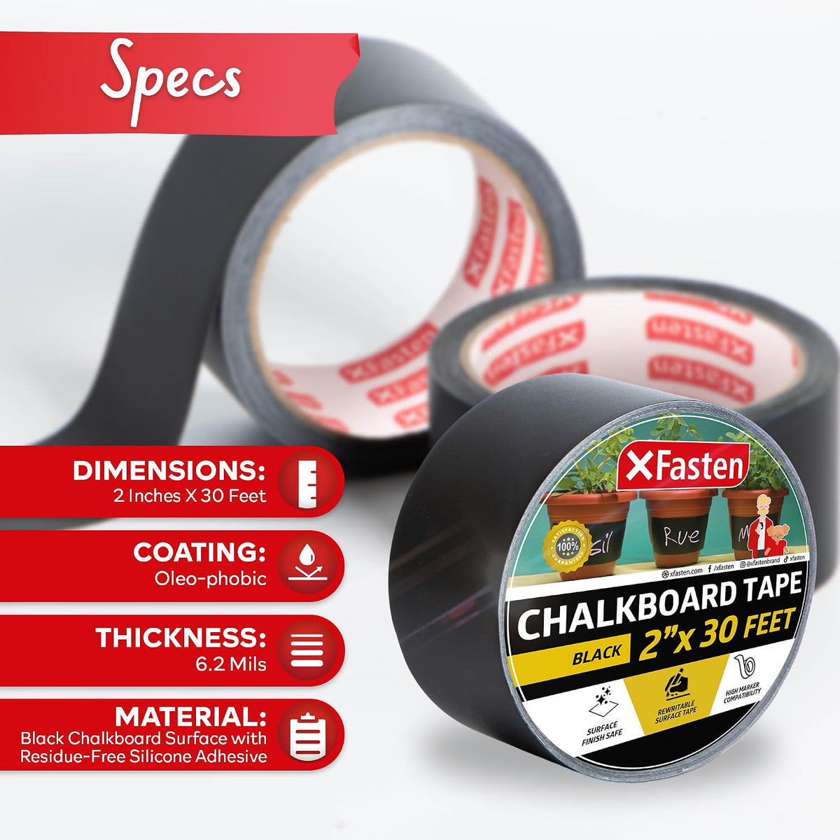 Black Chalkboard Tape Removable, 2-Inch x 30-Foot, Black, Smudge Resistant Sticky Chalkboard Label Duct Tape