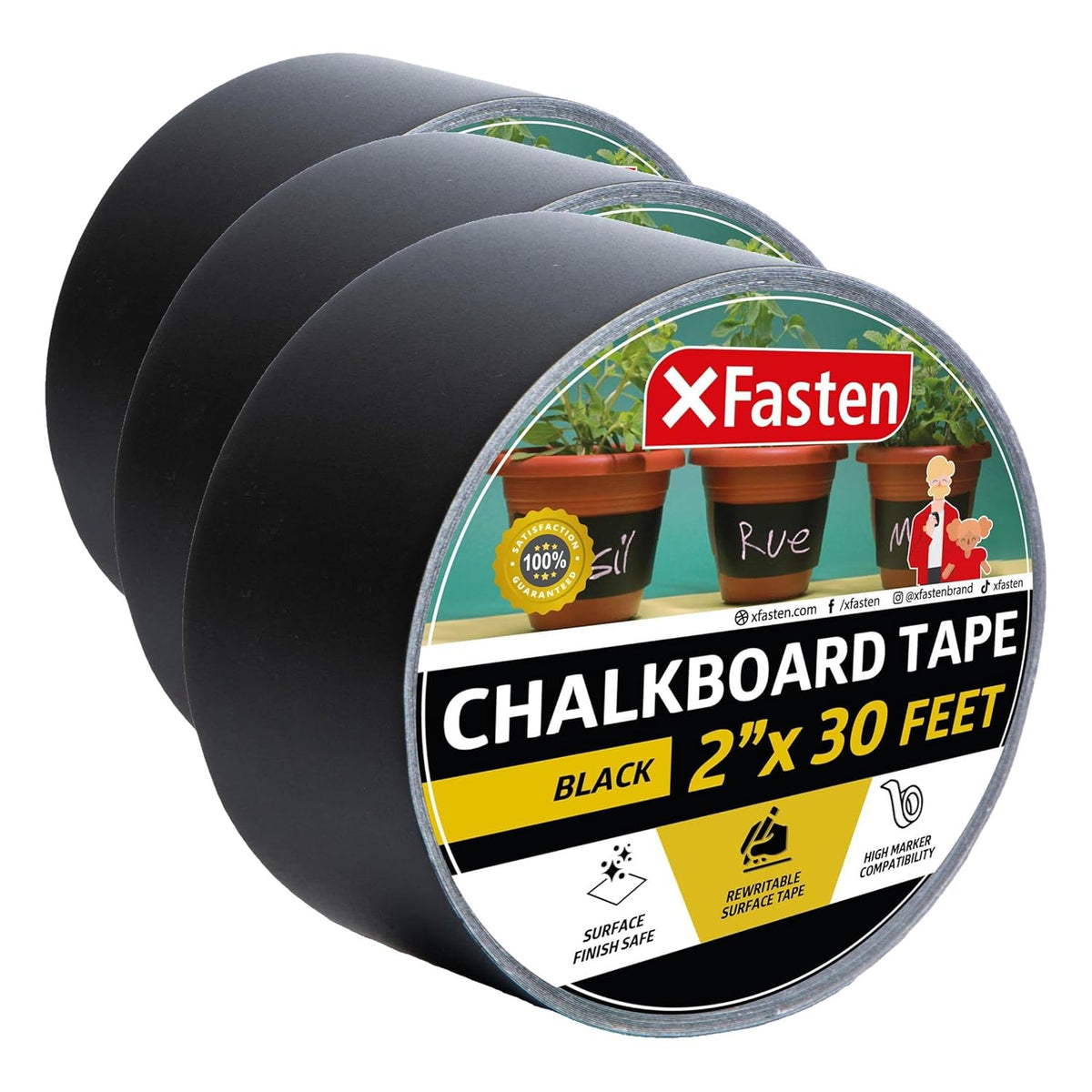 Black Chalkboard Tape Removable, 2-Inch x 30-Foot, Black, Smudge Resistant Sticky Chalkboard Label Duct Tape