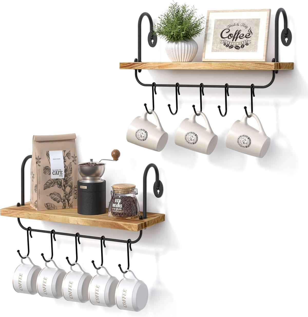 Floating Wall Shelves for Kitchen Bathroom Coffee Nook with 10 Adjustable Hooks for Coffee Mugs, Coffee Bar Organizer and Decor, Rustic Storage Shelves Set of 2
