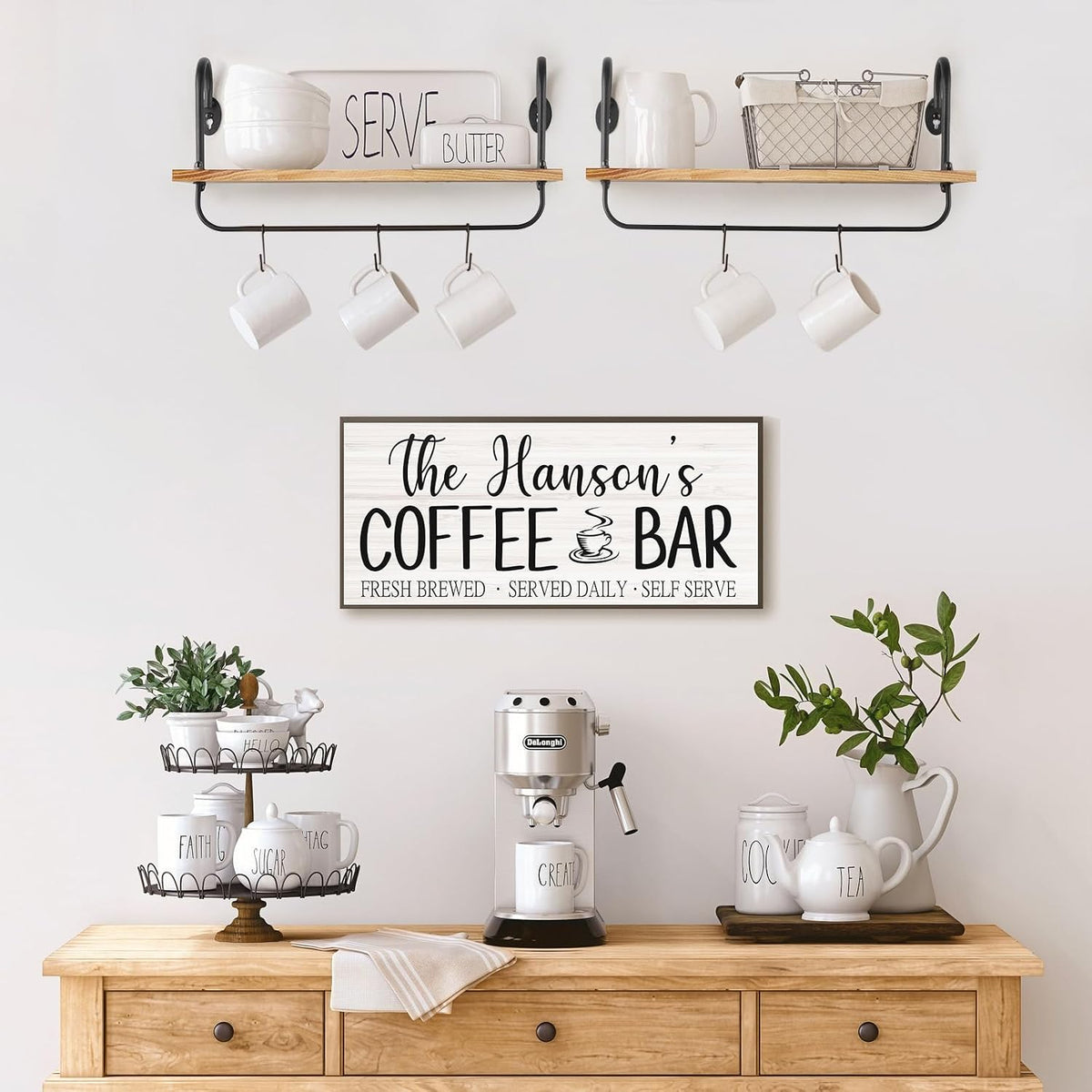 Floating Wall Shelves for Kitchen Bathroom Coffee Nook with 10 Adjustable Hooks for Coffee Mugs, Coffee Bar Organizer and Decor, Rustic Storage Shelves Set of 2