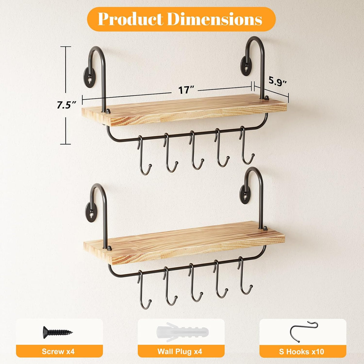 Floating Wall Shelves for Kitchen Bathroom Coffee Nook with 10 Adjustable Hooks for Coffee Mugs, Coffee Bar Organizer and Decor, Rustic Storage Shelves Set of 2