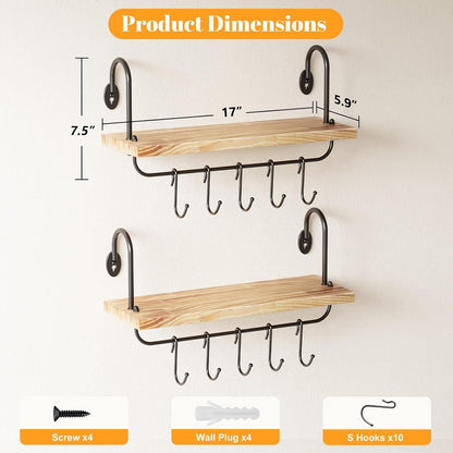 Floating Wall Shelves for Kitchen Bathroom Coffee Nook with 10 Adjustable Hooks for Coffee Mugs, Coffee Bar Organizer and Decor, Rustic Storage Shelves Set of 2