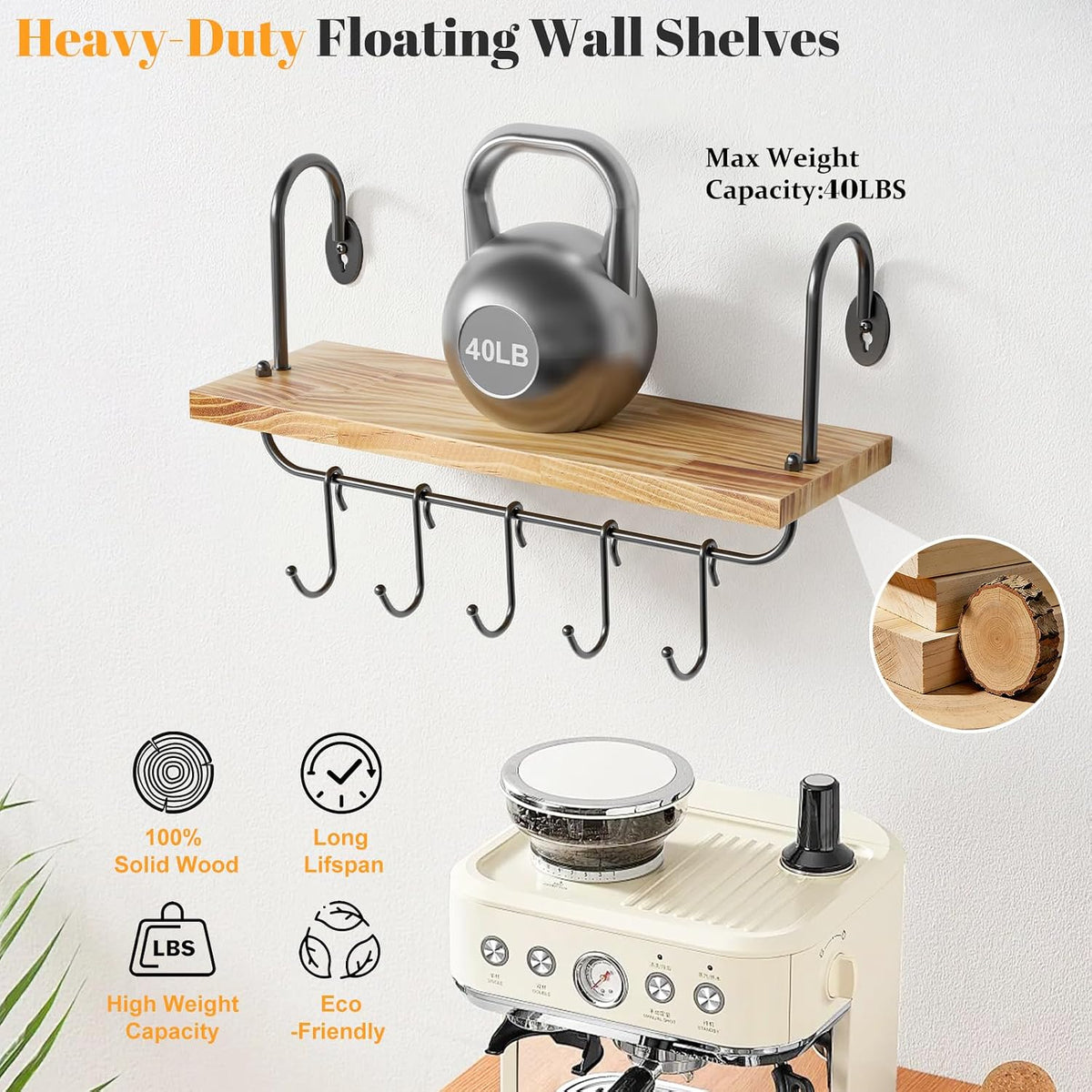 Floating Wall Shelves for Kitchen Bathroom Coffee Nook with 10 Adjustable Hooks for Coffee Mugs, Coffee Bar Organizer and Decor, Rustic Storage Shelves Set of 2