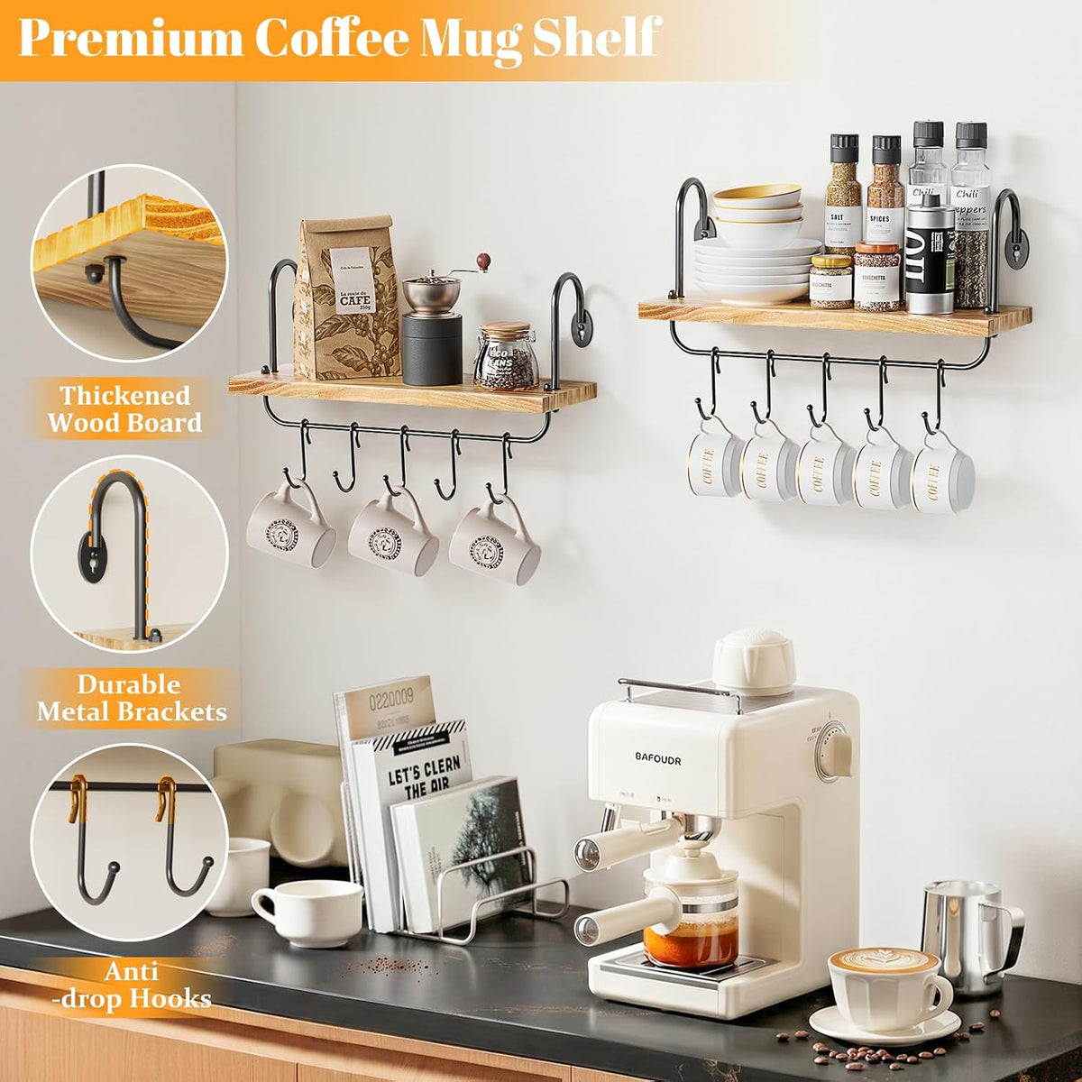 Floating Wall Shelves for Kitchen Bathroom Coffee Nook with 10 Adjustable Hooks for Coffee Mugs, Coffee Bar Organizer and Decor, Rustic Storage Shelves Set of 2