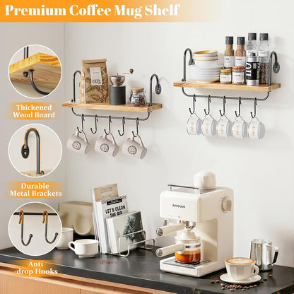 Floating Wall Shelves for Kitchen Bathroom Coffee Nook with 10 Adjustable Hooks for Coffee Mugs, Coffee Bar Organizer and Decor, Rustic Storage Shelves Set of 2