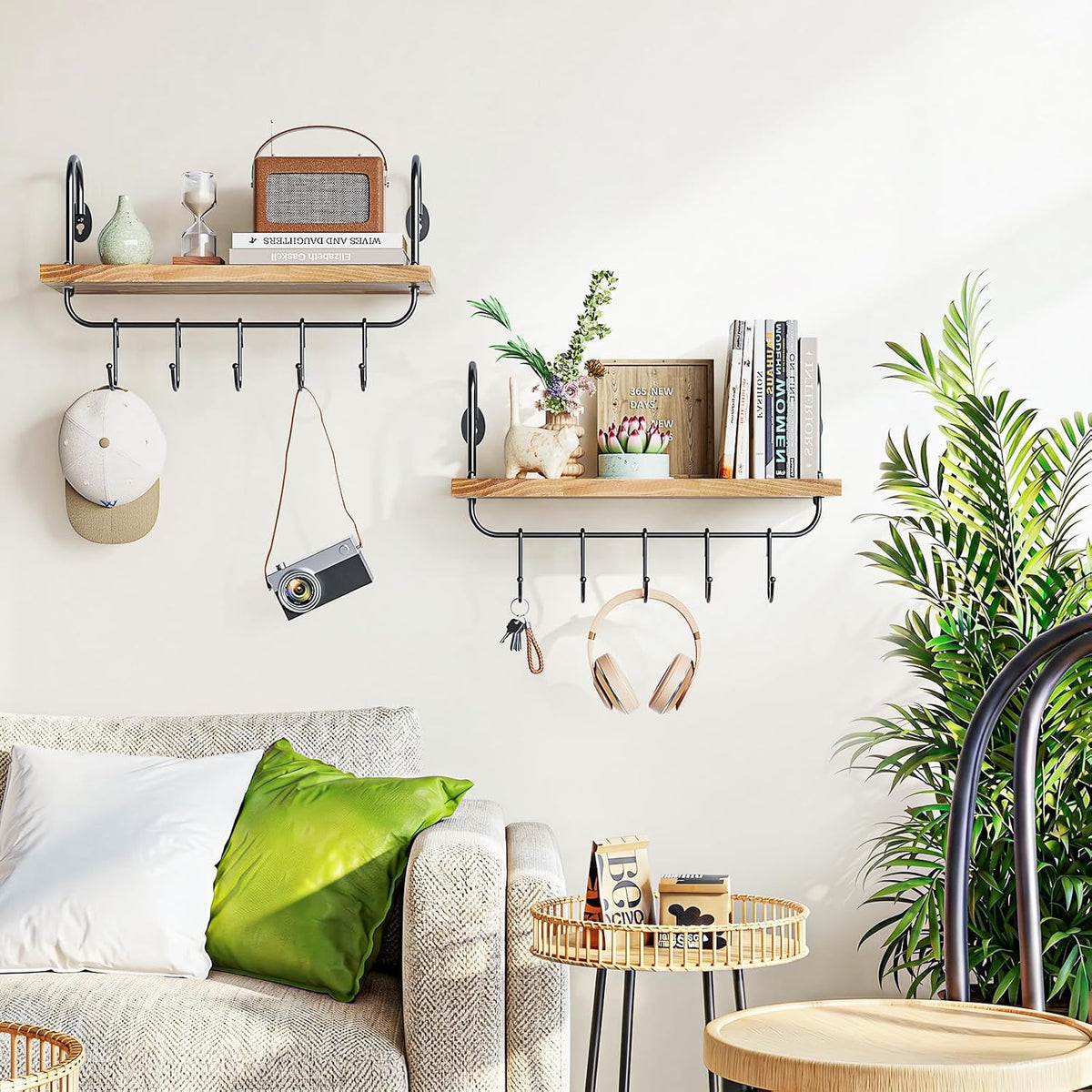 Floating Wall Shelves for Kitchen Bathroom Coffee Nook with 10 Adjustable Hooks for Coffee Mugs, Coffee Bar Organizer and Decor, Rustic Storage Shelves Set of 2