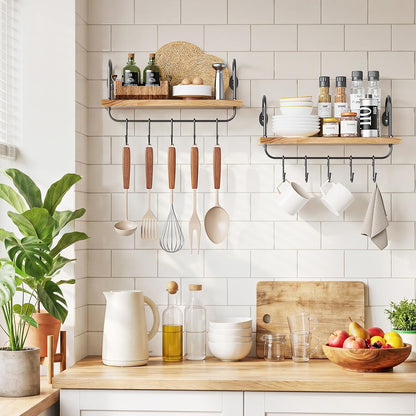 Floating Wall Shelves for Kitchen Bathroom Coffee Nook with 10 Adjustable Hooks for Coffee Mugs, Coffee Bar Organizer and Decor, Rustic Storage Shelves Set of 2