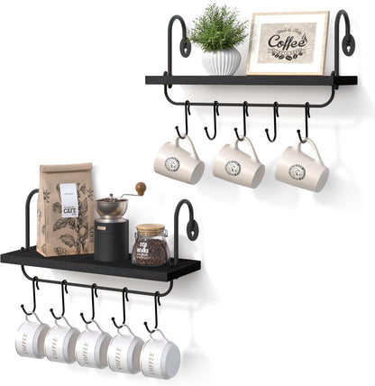 Floating Wall Shelves for Kitchen Bathroom Coffee Nook with 10 Adjustable Hooks for Coffee Mugs, Coffee Bar Organizer and Decor, Rustic Storage Shelves Set of 2