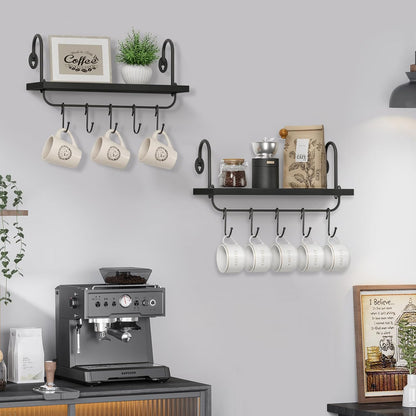 Floating Wall Shelves for Kitchen Bathroom Coffee Nook with 10 Adjustable Hooks for Coffee Mugs, Coffee Bar Organizer and Decor, Rustic Storage Shelves Set of 2