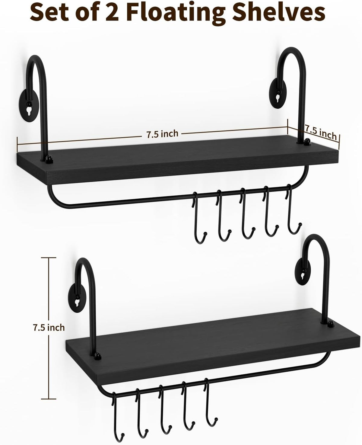 Floating Wall Shelves for Kitchen Bathroom Coffee Nook with 10 Adjustable Hooks for Coffee Mugs, Coffee Bar Organizer and Decor, Rustic Storage Shelves Set of 2