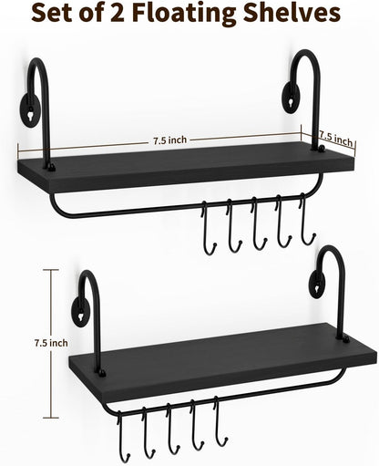 Floating Wall Shelves for Kitchen Bathroom Coffee Nook with 10 Adjustable Hooks for Coffee Mugs, Coffee Bar Organizer and Decor, Rustic Storage Shelves Set of 2