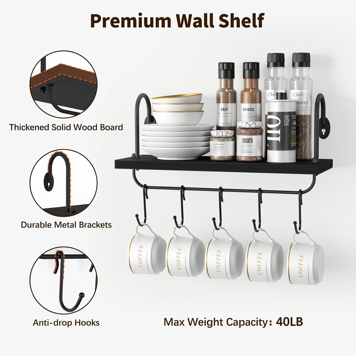 Floating Wall Shelves for Kitchen Bathroom Coffee Nook with 10 Adjustable Hooks for Coffee Mugs, Coffee Bar Organizer and Decor, Rustic Storage Shelves Set of 2
