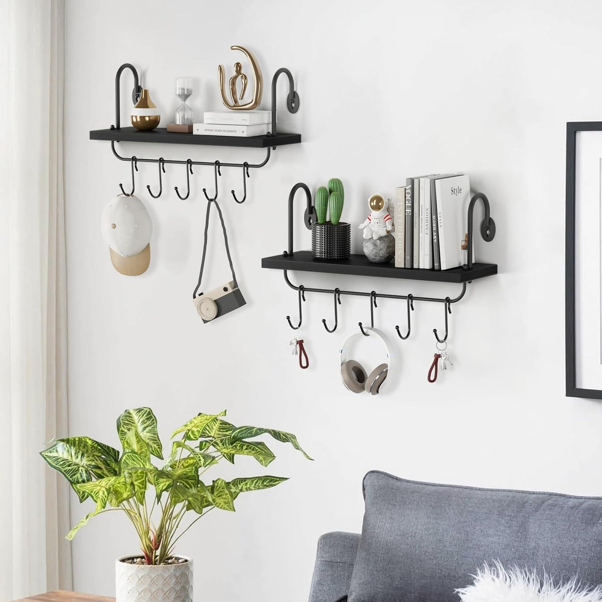 Floating Wall Shelves for Kitchen Bathroom Coffee Nook with 10 Adjustable Hooks for Coffee Mugs, Coffee Bar Organizer and Decor, Rustic Storage Shelves Set of 2