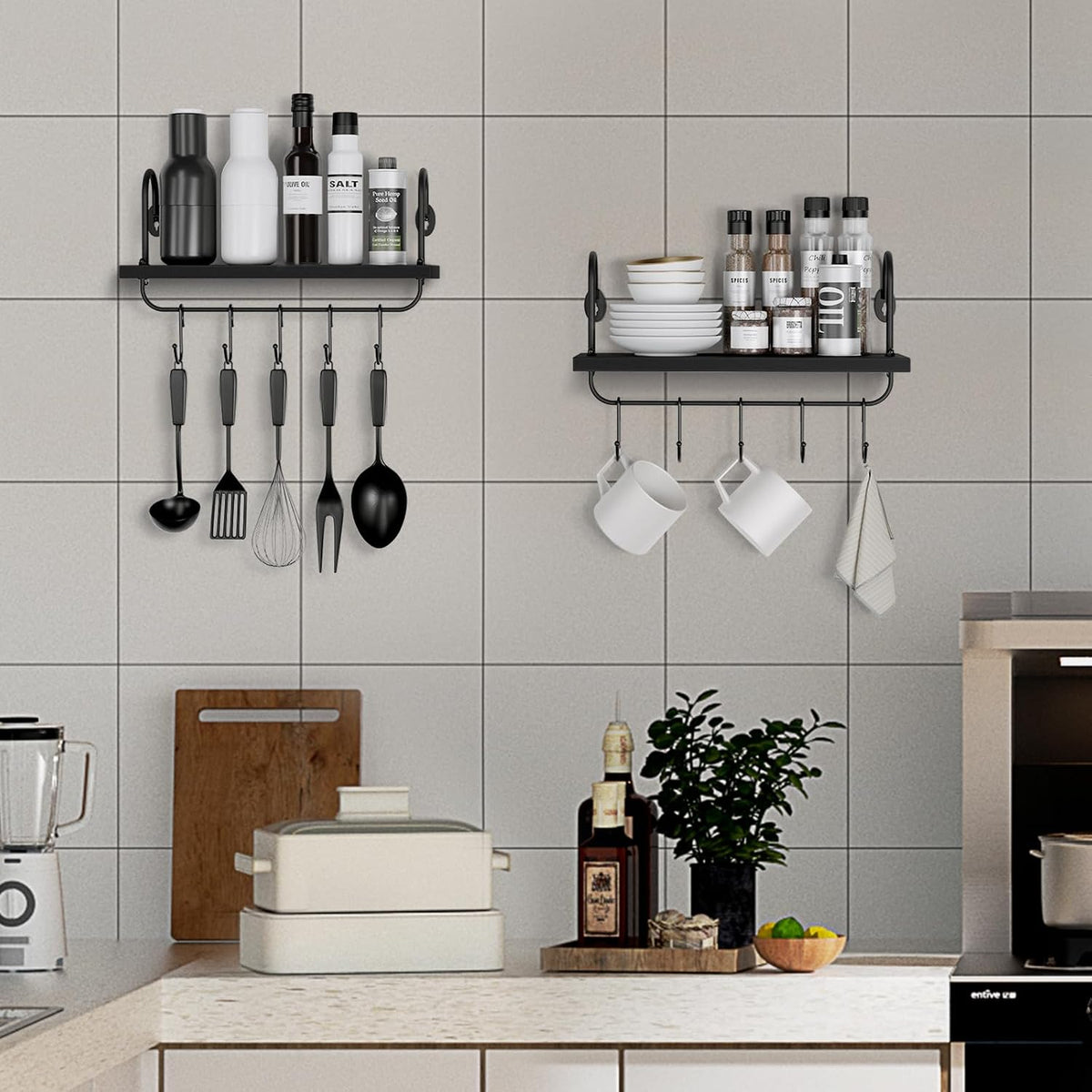 Floating Wall Shelves for Kitchen Bathroom Coffee Nook with 10 Adjustable Hooks for Coffee Mugs, Coffee Bar Organizer and Decor, Rustic Storage Shelves Set of 2