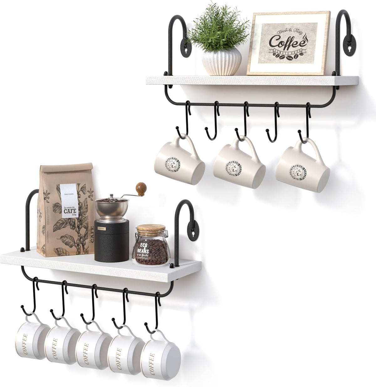 Floating Wall Shelves for Kitchen Bathroom Coffee Nook with 10 Adjustable Hooks for Coffee Mugs, Coffee Bar Organizer and Decor, Rustic Storage Shelves Set of 2