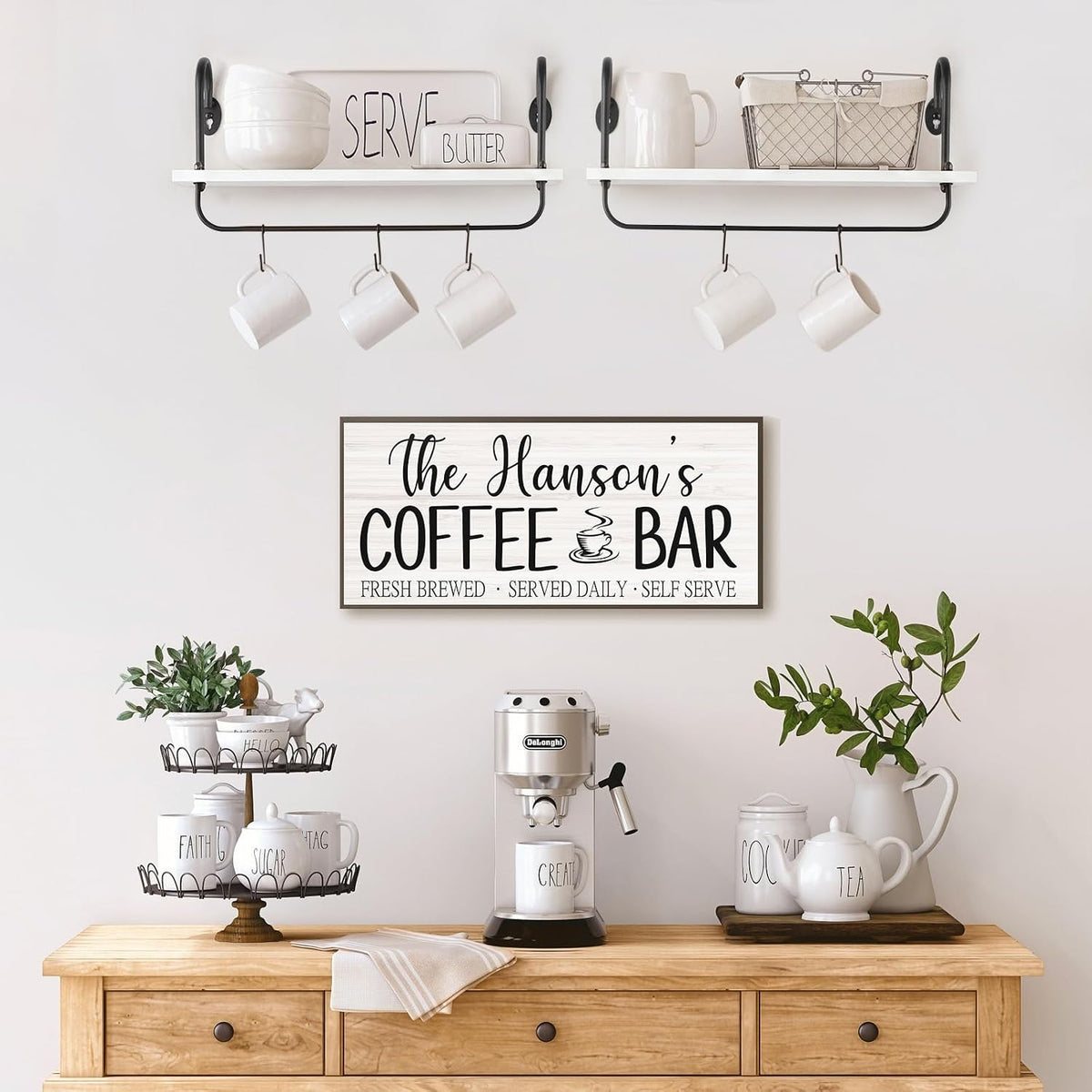 Floating Wall Shelves for Kitchen Bathroom Coffee Nook with 10 Adjustable Hooks for Coffee Mugs, Coffee Bar Organizer and Decor, Rustic Storage Shelves Set of 2