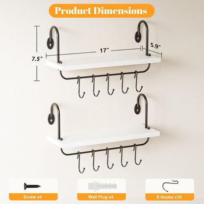 Floating Wall Shelves for Kitchen Bathroom Coffee Nook with 10 Adjustable Hooks for Coffee Mugs, Coffee Bar Organizer and Decor, Rustic Storage Shelves Set of 2
