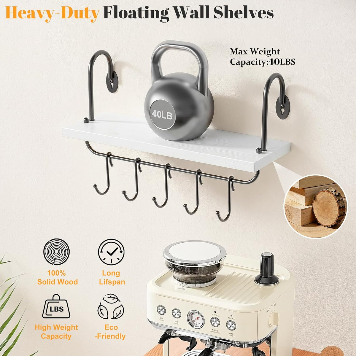 Floating Wall Shelves for Kitchen Bathroom Coffee Nook with 10 Adjustable Hooks for Coffee Mugs, Coffee Bar Organizer and Decor, Rustic Storage Shelves Set of 2