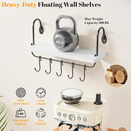 Floating Wall Shelves for Kitchen Bathroom Coffee Nook with 10 Adjustable Hooks for Coffee Mugs, Coffee Bar Organizer and Decor, Rustic Storage Shelves Set of 2