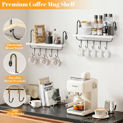 Floating Wall Shelves for Kitchen Bathroom Coffee Nook with 10 Adjustable Hooks for Coffee Mugs, Coffee Bar Organizer and Decor, Rustic Storage Shelves Set of 2