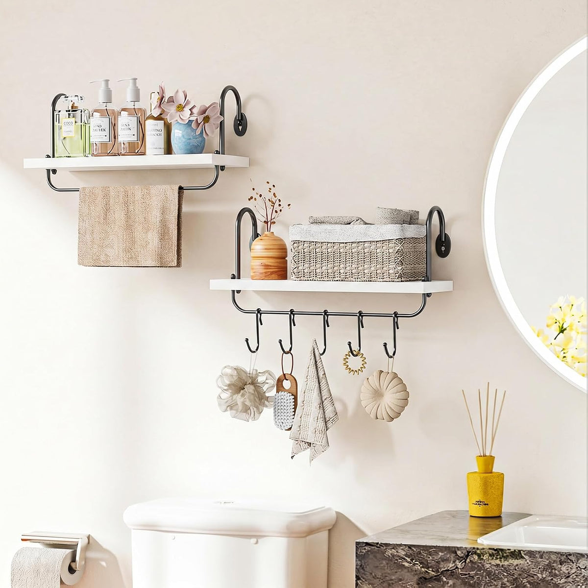 Floating Wall Shelves for Kitchen Bathroom Coffee Nook with 10 Adjustable Hooks for Coffee Mugs, Coffee Bar Organizer and Decor, Rustic Storage Shelves Set of 2