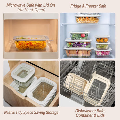 Urban Green Glass Food Storage Containers with Glass Lids, Microwave Safe Food Container Set, Aitight Meal Prep Container Set, BPA Free, 2 extra Colanders, LeakProof, 2 Pack of 60oz